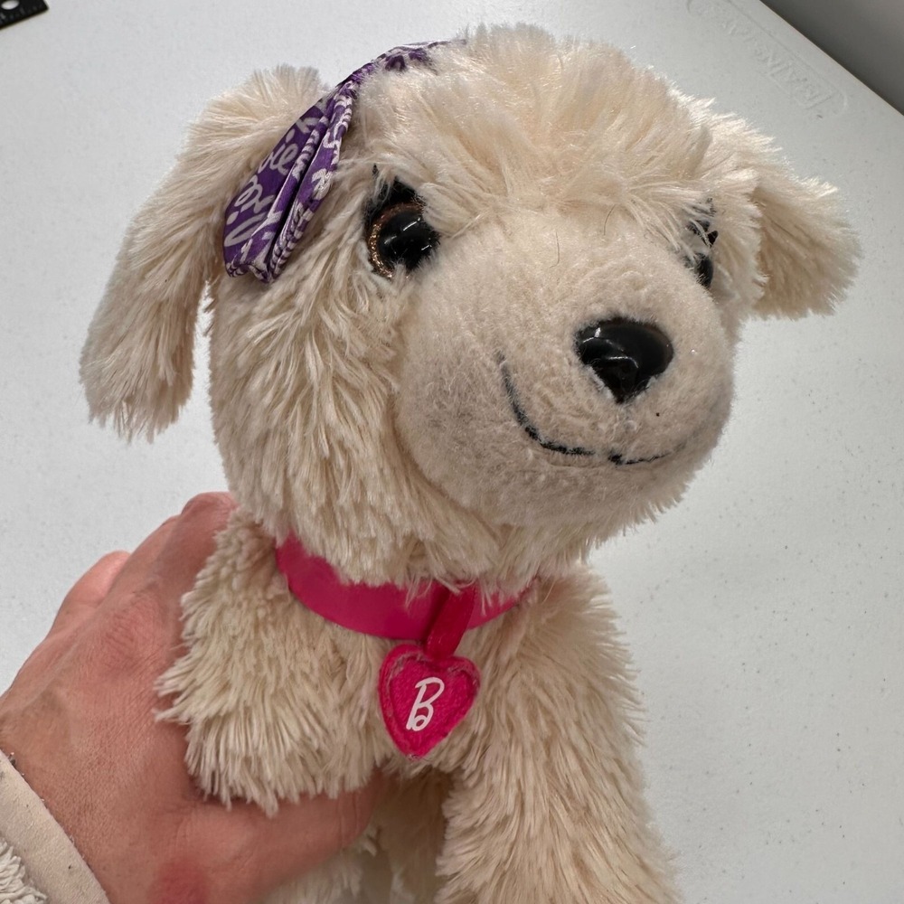 Mattel Barbie Plush Puppy Toy Purple Bow Kiss Care Pet Vet Barking Beige 10" - Picture 8 of 9